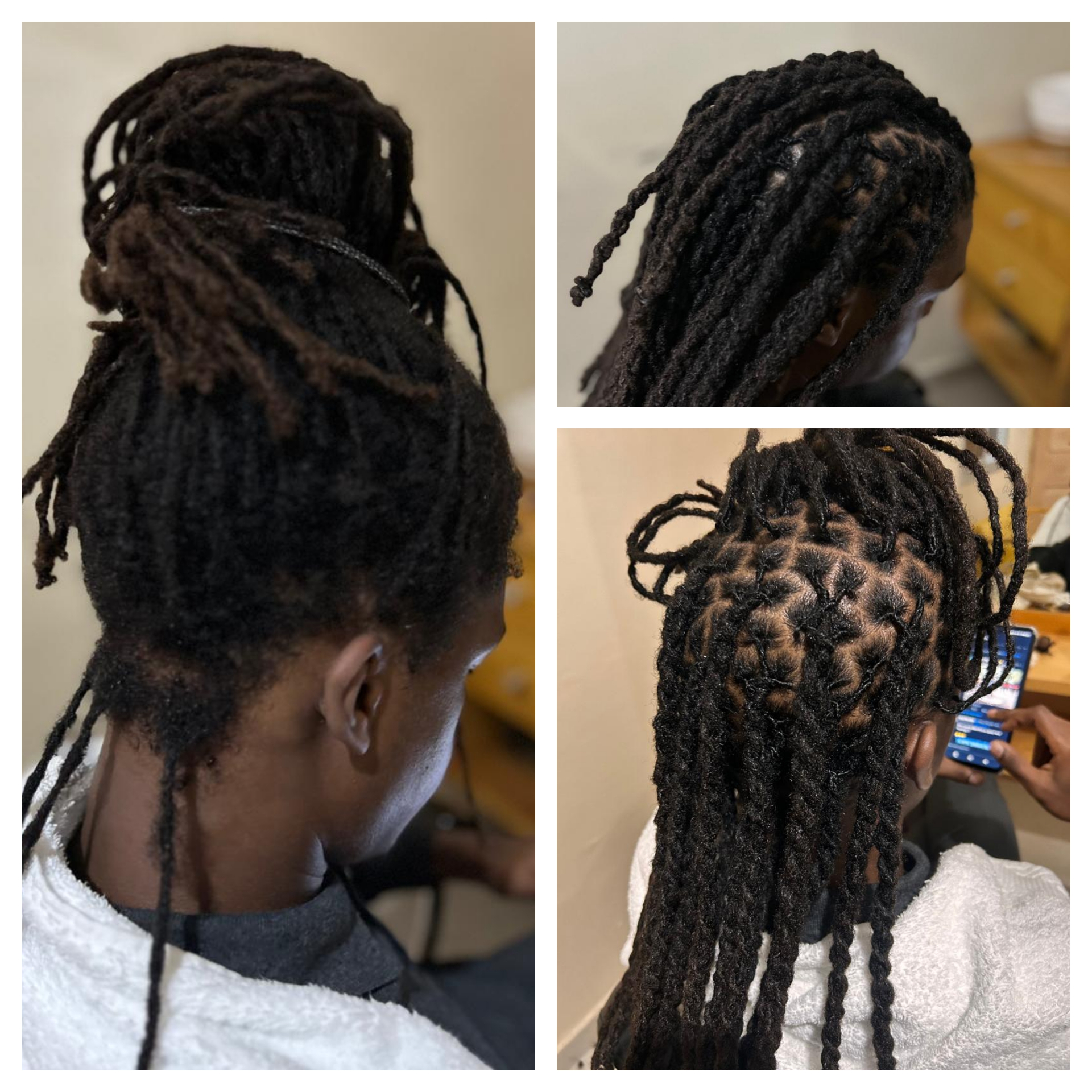 Locks torsadées coiffées en chignon haut et portées lâchées mi-longues