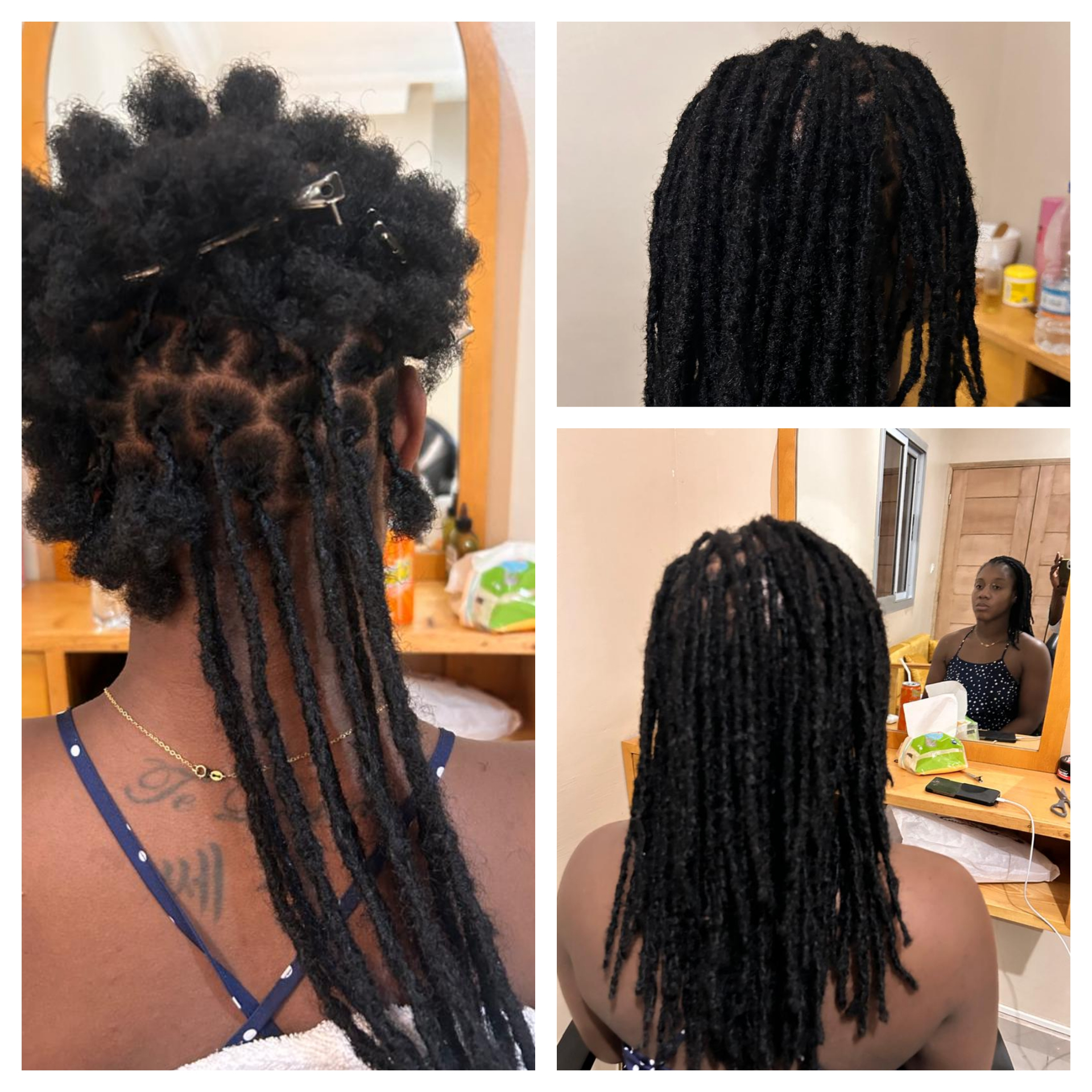 Avant / après pose d'extensions longues de dreadlocks sur cheveux crépus
